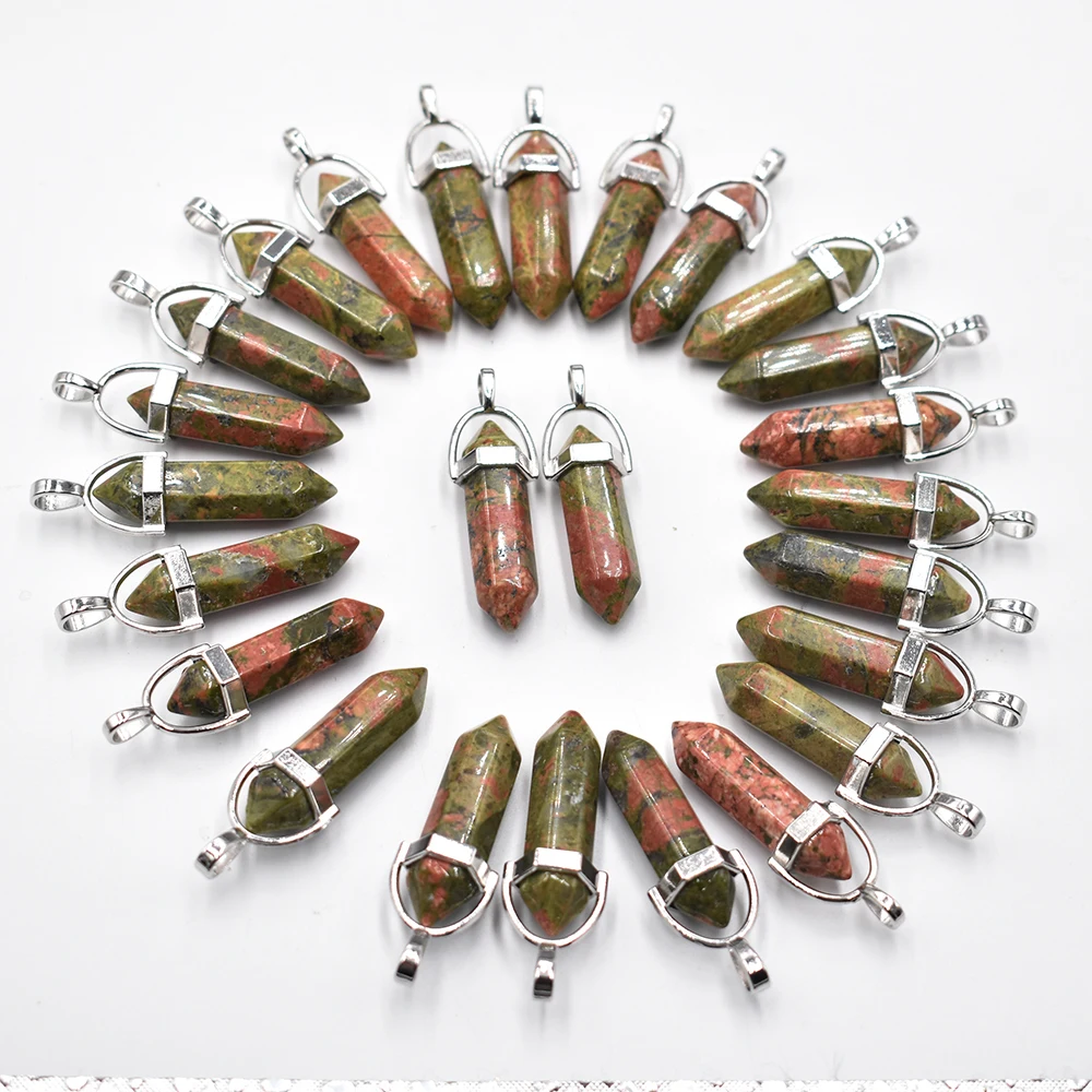 Wholesale 24 50 100pcs/lot natural  stone  unakite pillar shape point Chakra charms pendant for jewelry making free