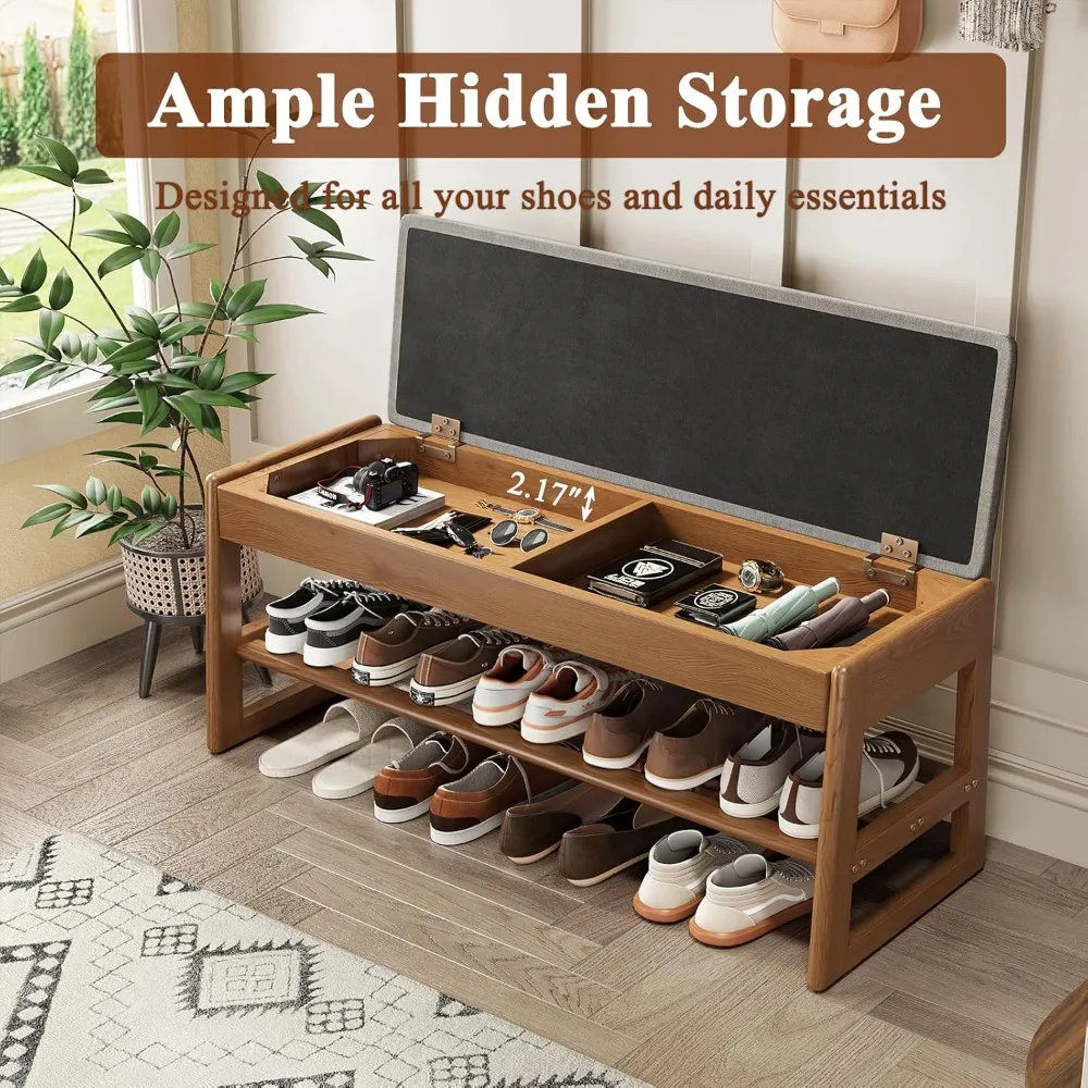 Banco de zapatero de madera de 2 niveles acolchado de algodón y lino: capacidad de 550 libras, diseño elegante y moderno para entradas y pasillos