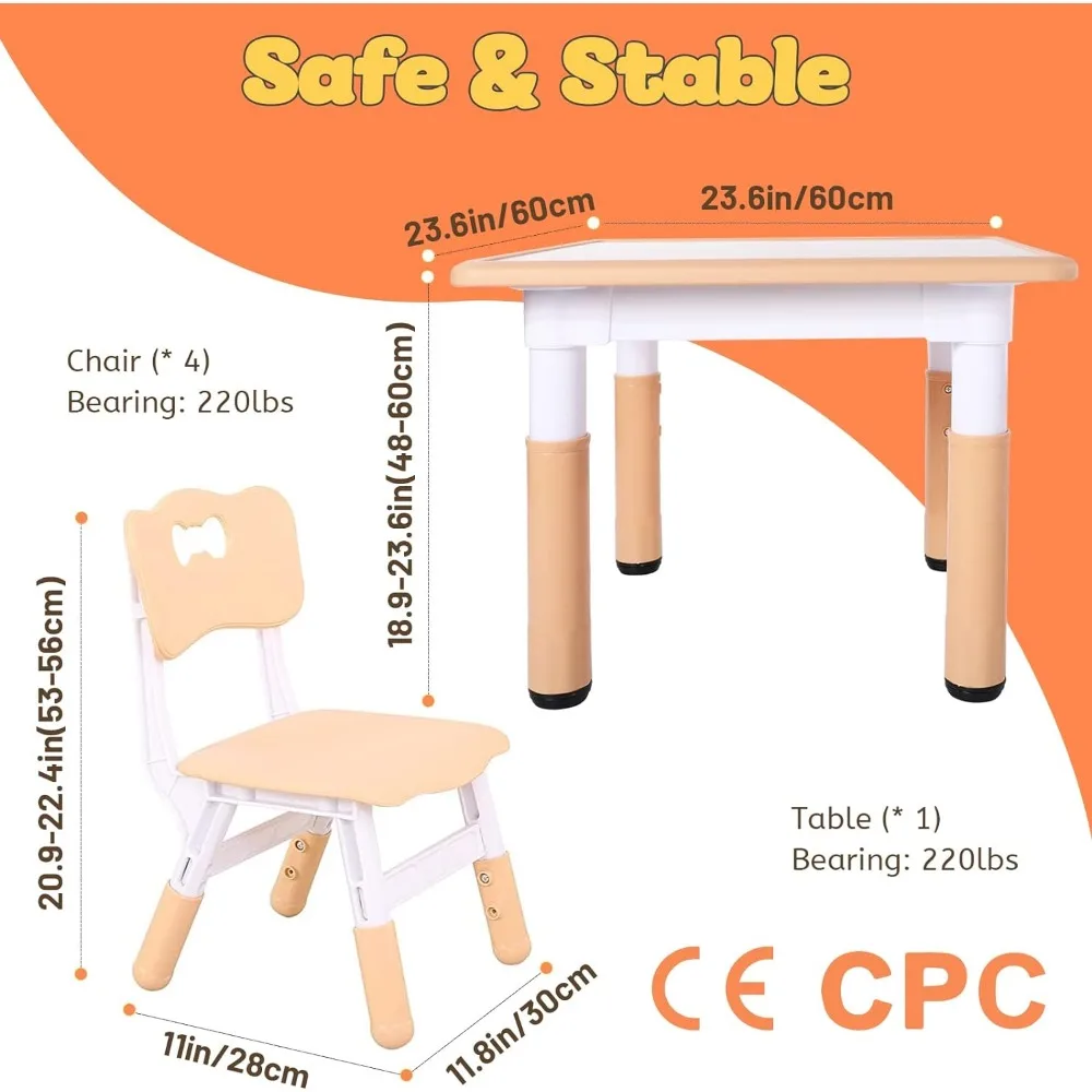 Ensemble de table et chaises réglables pour enfants, table pour tout-petit, facile à essuyer, arts et artisanat, recommandé, 4, 3 à 8 ans