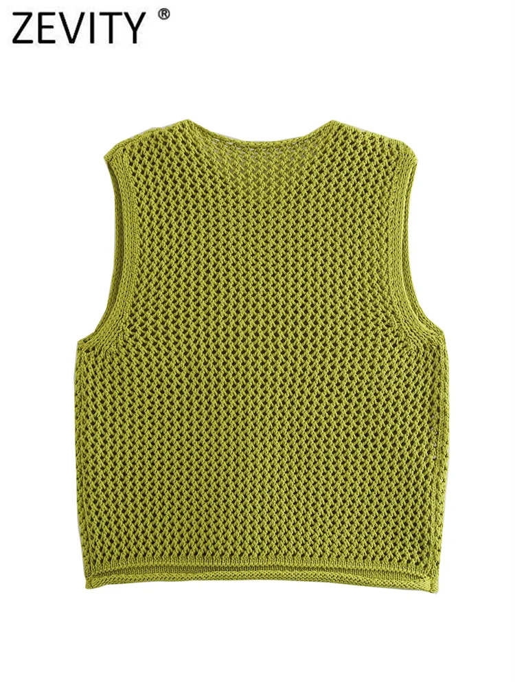 Zevity Women Fashion Sleeveless Coarse Needle Knitting Vest Sweater Female Chic Big Pockets Patch Buttons Cardigan Tops SW6265