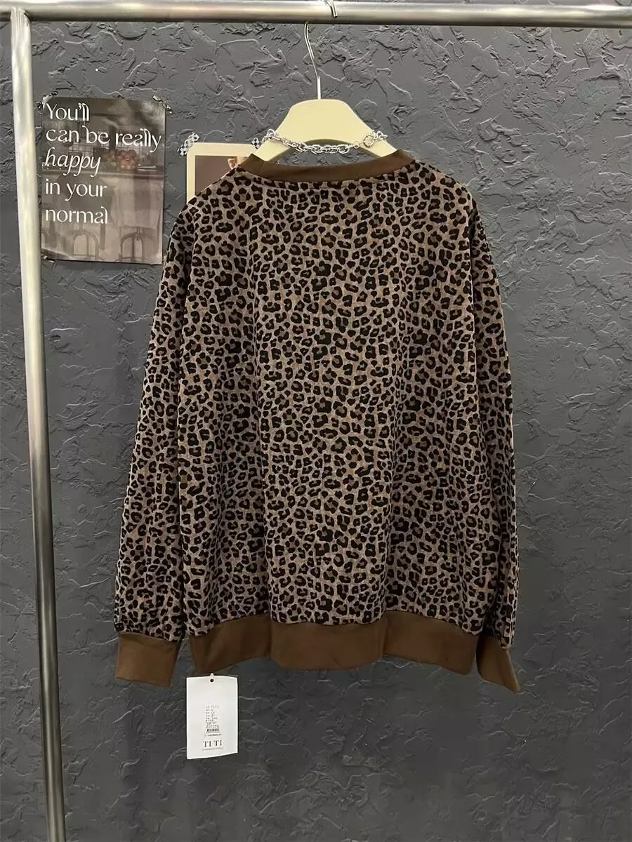 Womens Leopard Hoodie Cat Rhinestone Print Pullover