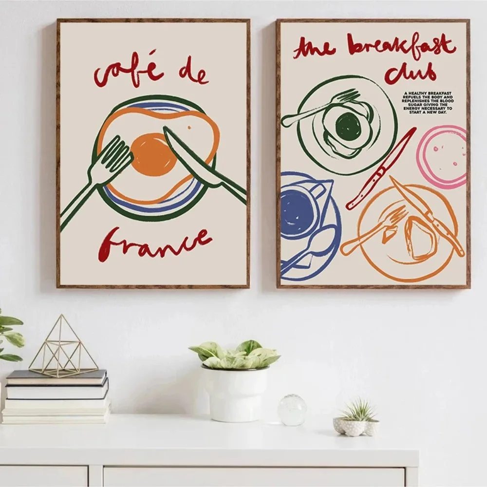 Coffee Shop Afternoon Tea Croissant Colorful Coffee Cup Retro Poster Canvas Paintings Kitchen Home Decoration Gift