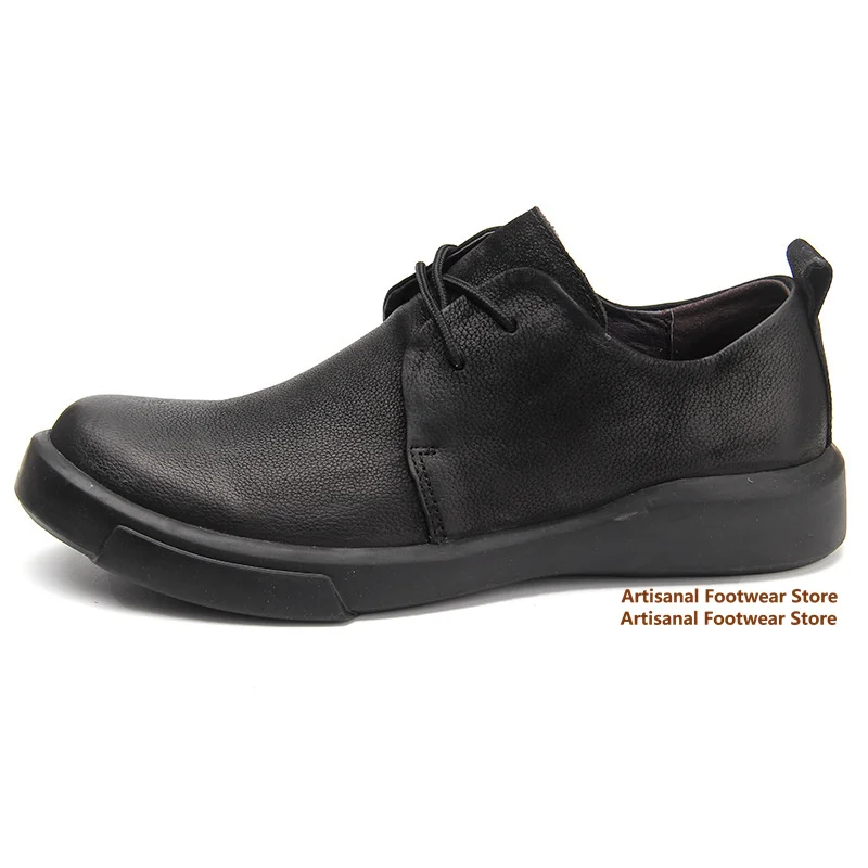 Low Top Cowhide Leather Men's Shoes Round Toe Lace-Up Casual Shoes British Style Retro Soft Leather Soft Sole Men's Shoes
