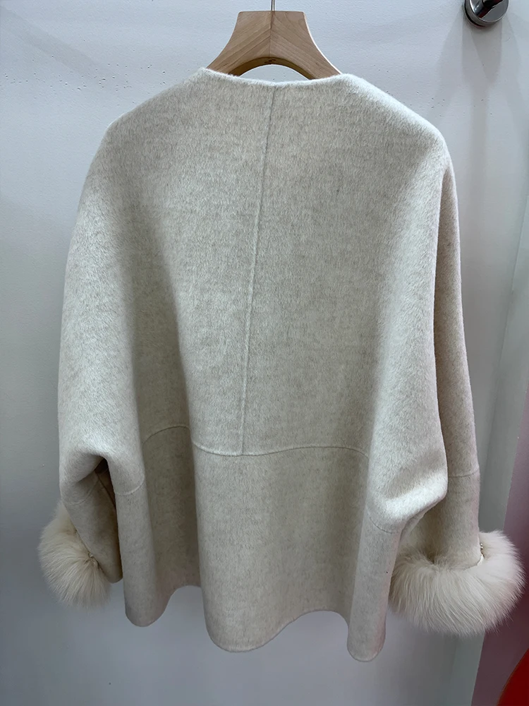 Cappotto da donna in vera pelliccia di volpe naturale da donna invernale 2024 Mantello di lana Giacca calda in cashmere Cappotto femminile spesso di lusso