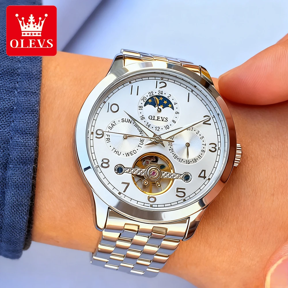 OLEVS ساعات رجال الأعمال عادية الفولاذ المقاوم للصدأ ذاتية الملء دولاب الموازنة الأصلي التلقائي ساعة اليد الميكانيكية مرحلة القمر #3
