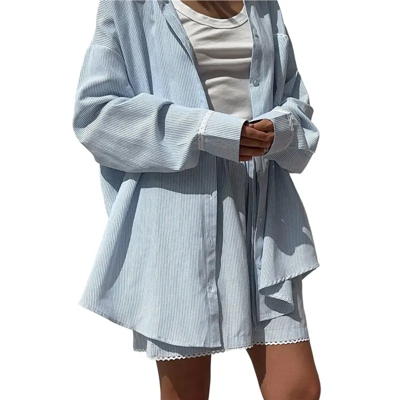 

CYL-Women's Cotton Summer 2 Piece Sets Long Sleeve Button Down Shirts Short Sets Vacation Outfits