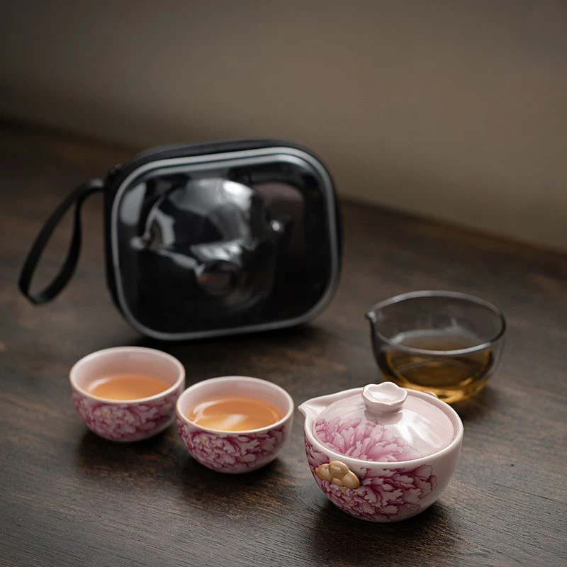 

Pink Flower Travel Tea Set with One Teapot and Two Cups Portable Ceramic Teapot with Storage Bag Living Room and Office Tea Set
