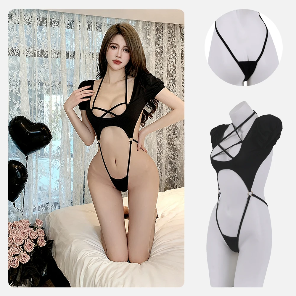 

Anime Fetish Student Puff Sleeve Black One-piece Swimsuit Costumes Cross Straps Bodysuit Swimwear Uniform Pool Party Cosplay
