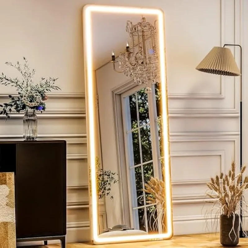 GLSLAND LED comprimento total 64" x 21" espelho de corpo inteiro com suporte montado na parede pendurado piso independente branco