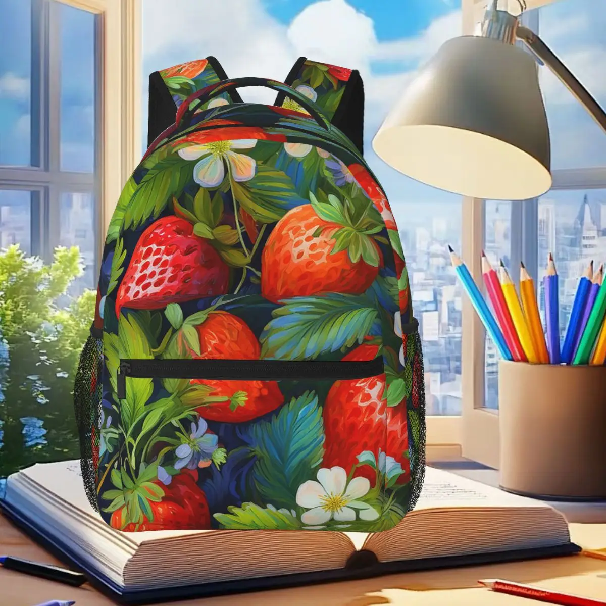 

Fresh Strawberry Floral Pattern Backpack Student Boys Girls BookBag Children School Bag Computer Shoulder Bags for Men Women