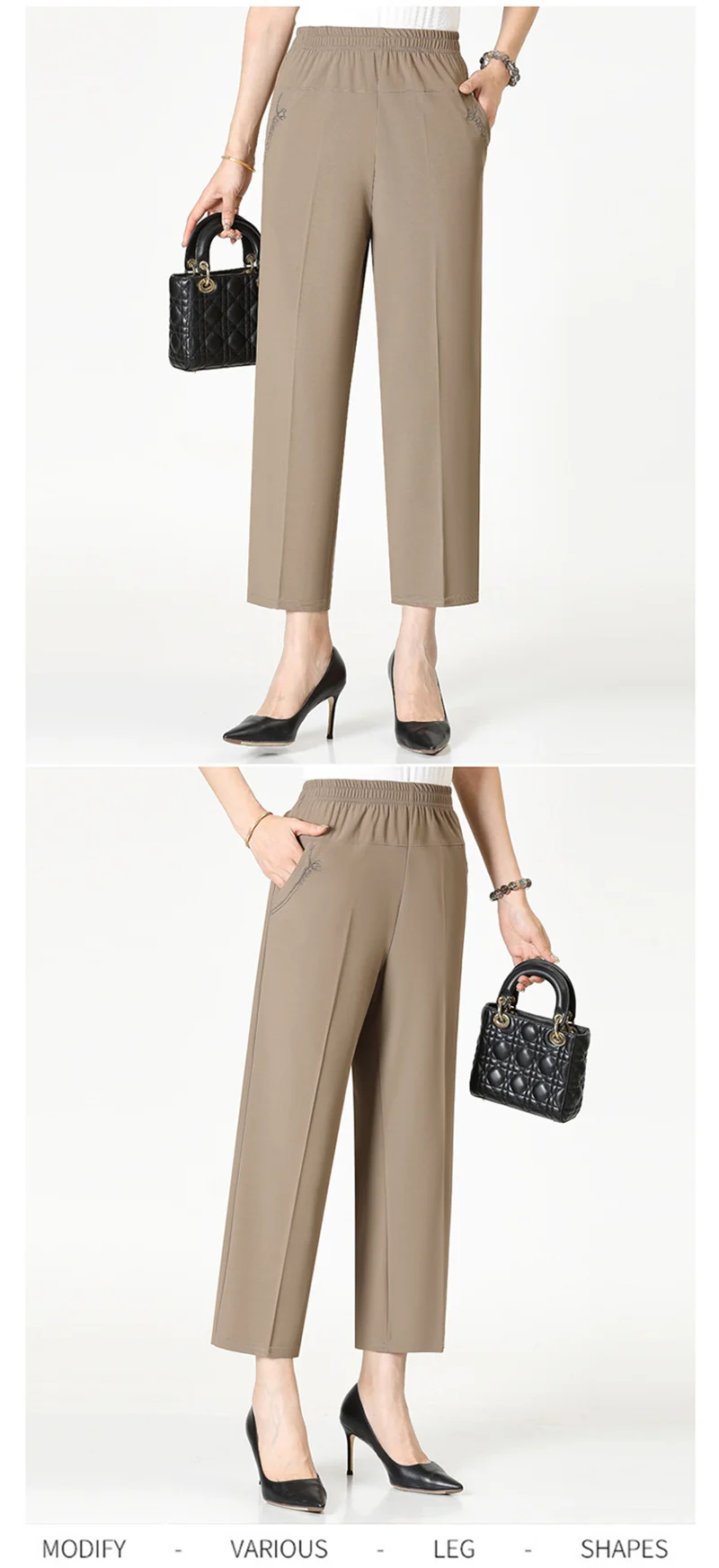 Extra Large Mom Summer Straight Pants Middle-Aged Women Elastic High Waist Grandma Ice Silk Cropped Pants Female Casual Pants