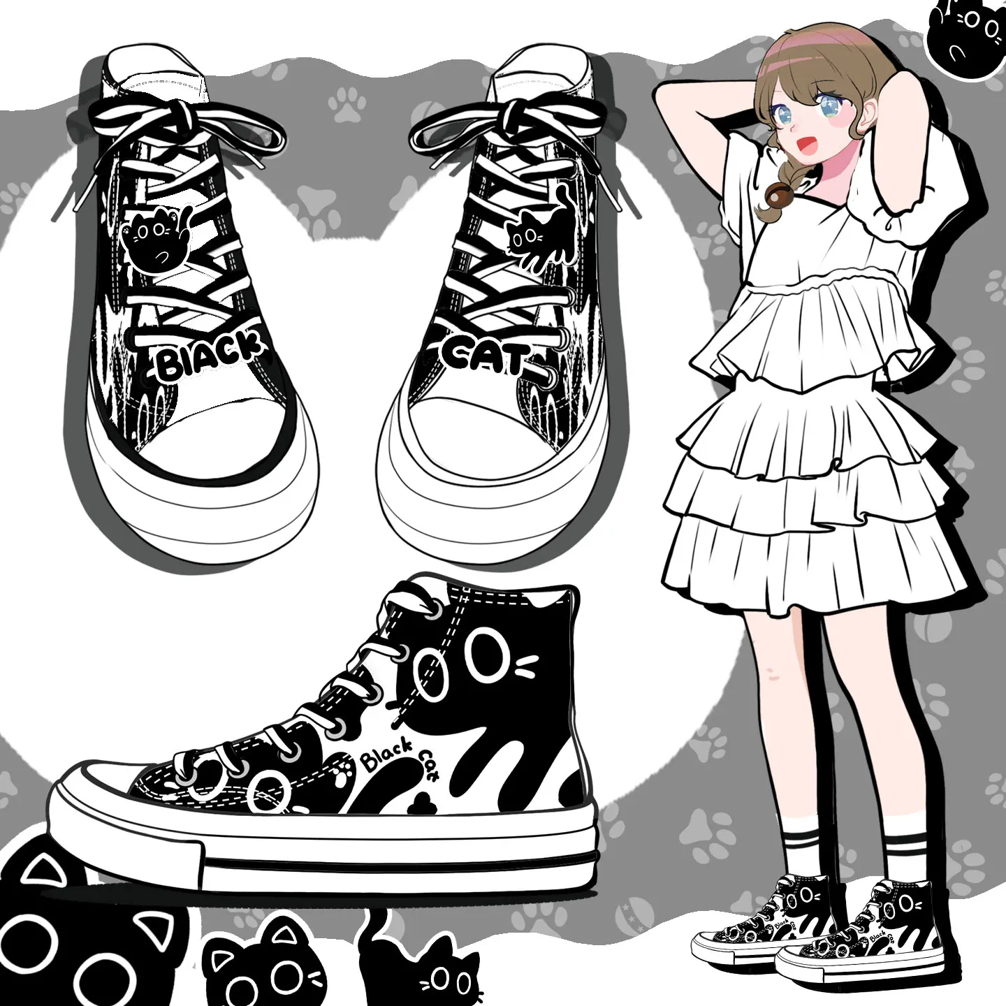 Amy and Michael Adorable Anime Cartoon Kitty Canvas Shoes High Top Women Casual Sneakers Lovely Girls Students Vulcanized Shoes
