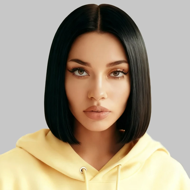 12 inch black straight synthetic wig, fashionable women's high-temperature fiber, suitable for daily Easter parties