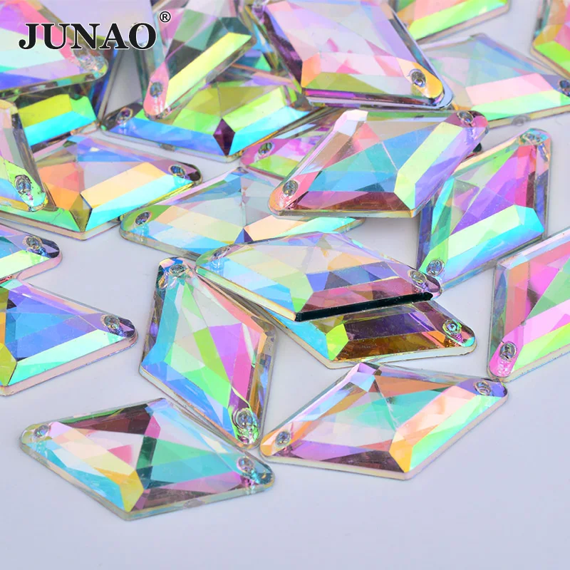 JUNAO 9*15mm 18*30mm Sew On Crystal AB Rhinestones Flatback Rhombus Shape Strass Acrylic Gems For Dress Clothes Needlwork Crafts