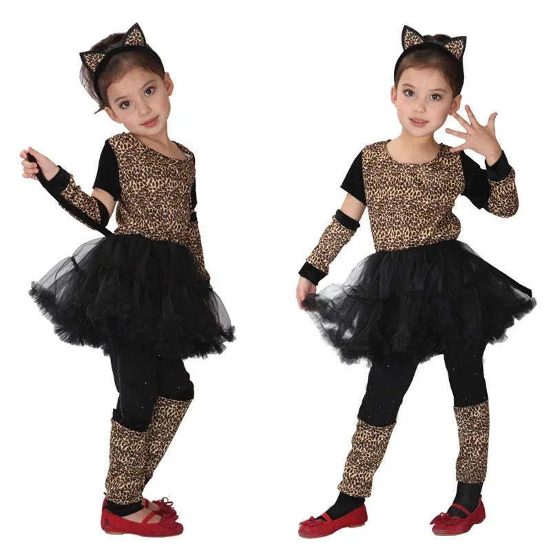 Kinder-Halloween-Kostüm für Mädchen, Katzen-Thema, Tutu-Outfit mit Katzenohren als Kopfaccessoire für Themenpartys, Karneval, Rollenspiele und Shows – Detail 2
