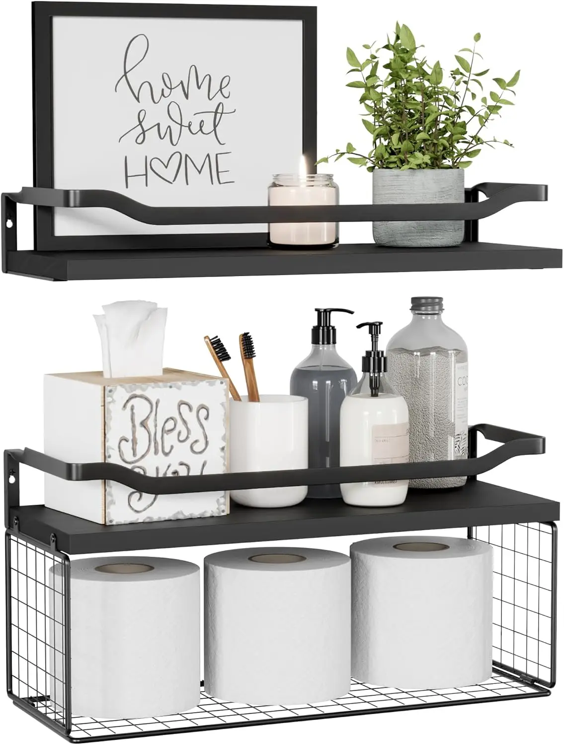 

Floating Shelves with Wire Storage Basket, Bathroom Shelves Over Toilet with Protective Metal Guardrail, Wood Wall Shel