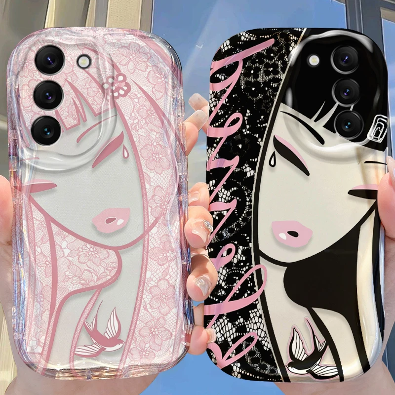 Pink Lace Swallow Girl Case for Samsung Galaxy S26 S25 S24 Plus S23 Ultra S22 S21 S20 FE A73 A71 4G A57 A56 A55 A54 A53 5G Cover