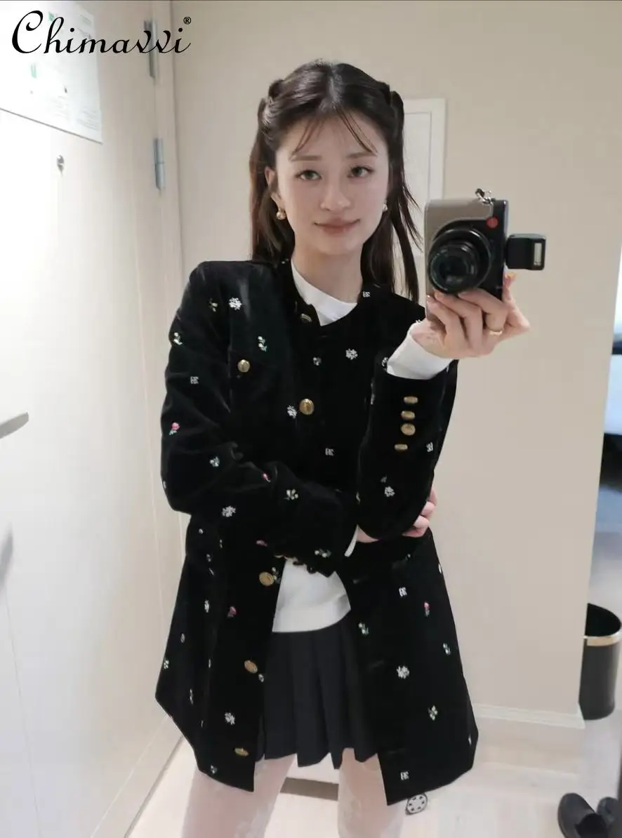 

New 2025 Autumn Japanese Sweet Lapel Embroidery Velvet Jacket Small Floral Camisole Short Coat and Pants Elegant Outfits