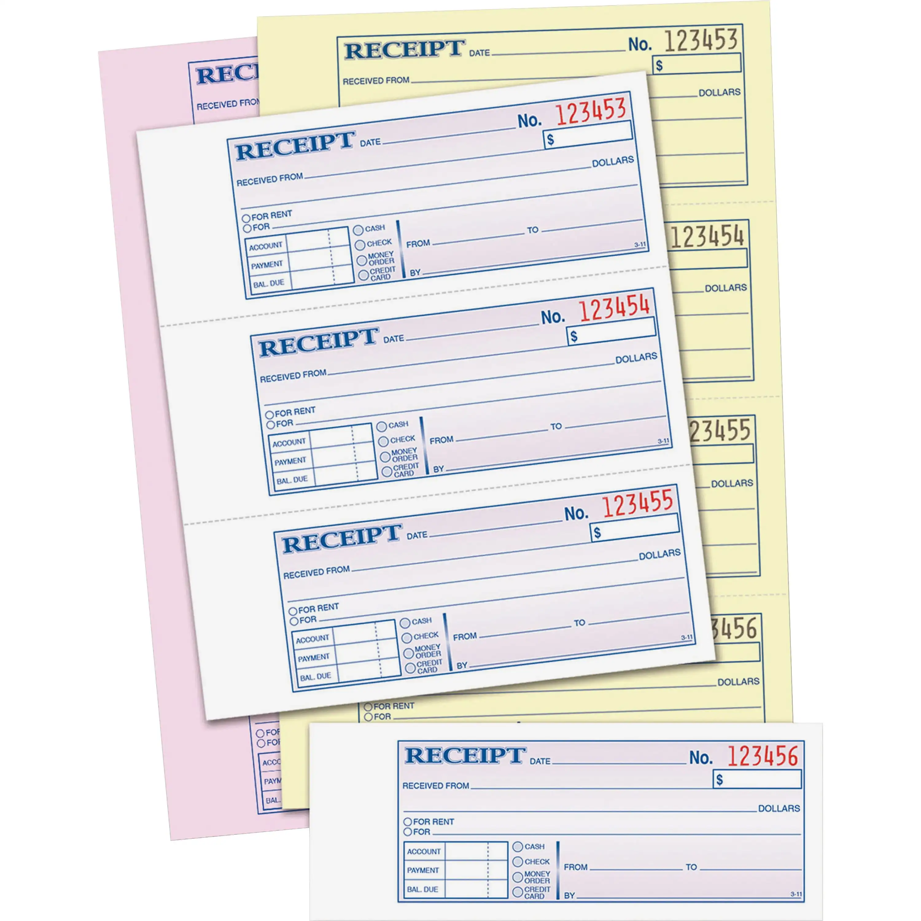 Money Rent Receipt Record Book Carbonless 3 Part 100 Sets per Book 4 Receipts per Page Duplicate Triplicate Forms