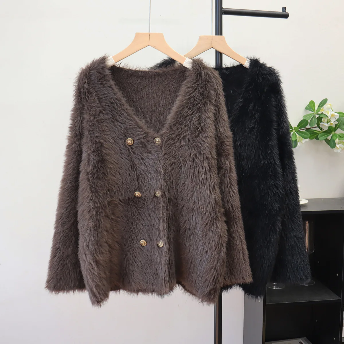 

Women Faux Mink Fur Cardigan Sweaters Knitted Solid Jumpers V Neck Long Sleeves Double Breasted Loose Casual Autumn Winter 2025