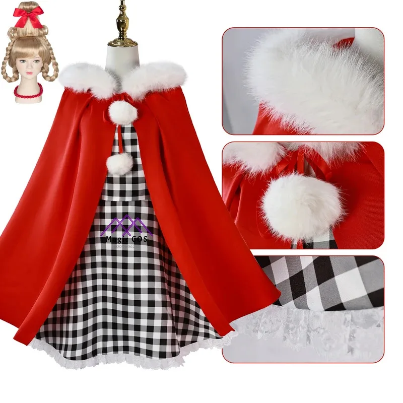 

Cindy how thegriinch stole New arrival cosplay costume Christmas uniform red hood ruffles jumpsuit Party comic outfit