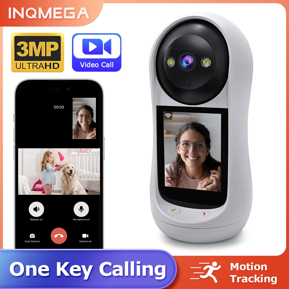 INQMEGA 3MP 360° PTZ Wifi Baby Monitor Camera IPS HD Screen One Touch Call Auto Tracking Wireless Smart Video Call Webcam