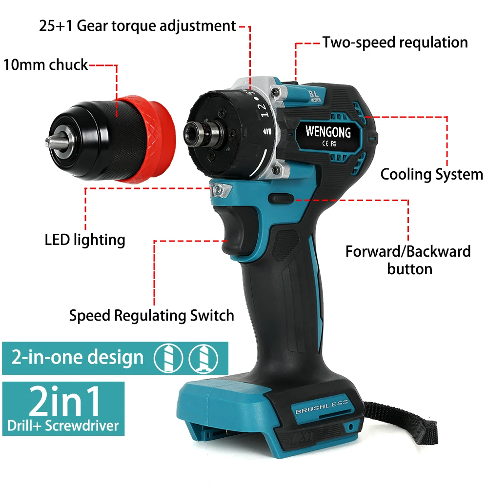 2in1 10mm Lithium Drill Electric Screwdriver Cordless Drill Brushless 25 Torque Screw Driver Wrench Tools For Makita 18V Battery