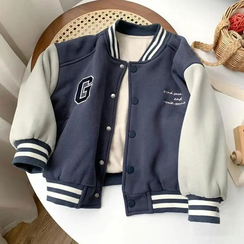 Boys\' Jacket Plus Velvet Autumn And Winter Clothing New Baby Baseball Uniform Children \'S Clothing Autumn Handsome Jacket