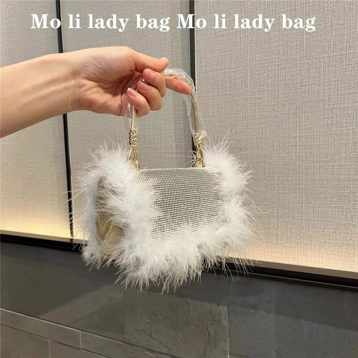 

Luxury Ostrich Hair Square Bag Women Elegant Handbag Glitter Shiny Diamonds Evening Bag Dinner Party Clutch Purse Crossbody Bag