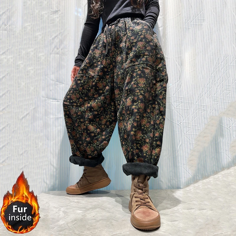قداس واس الشتاء النساء أزياء فضفاضة خمر الأزهار الفراء الدنيم السراويل السيدات عارضة الكلاسيكية مرونة الخصر السراويل المطبوعة الجينز #3