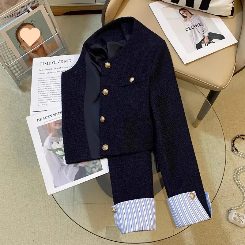 Navy Blue Short Jacket for Women Fashion Striped Patchwork Long Sleeve Coat Woman Spring Autumn French Gold Button Tweed Jacket 2 Navy Blue Short Jacket for Women Fashion Striped Patchwork Long Sleeve Coat Woman Spring Autumn French Gold Button Tweed Jacket 2