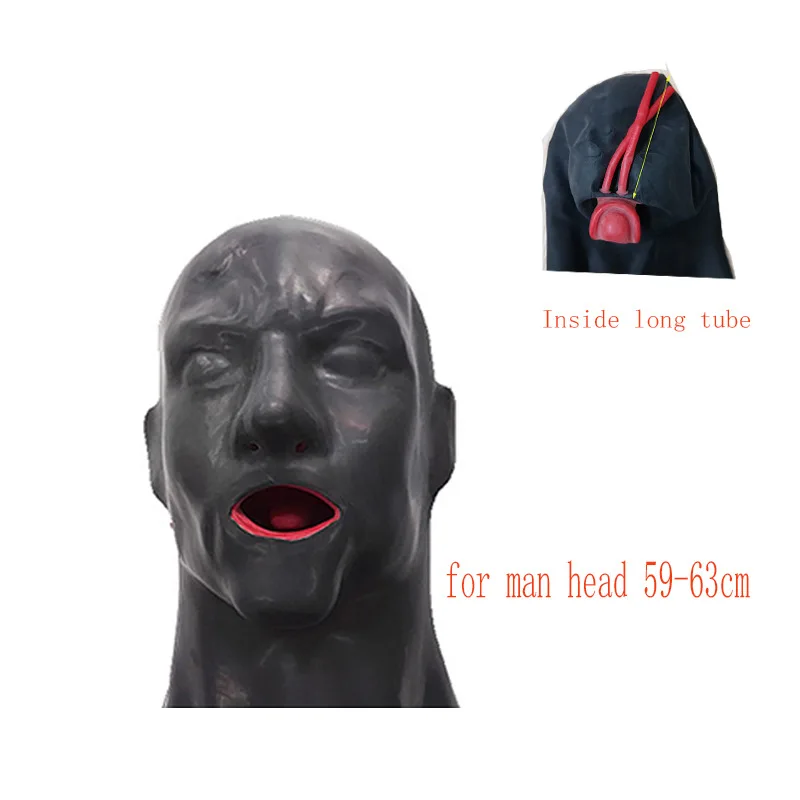 Latex Full Cover Mask for Man 13cm Long Nose Tube Mouth Sheath Tube Inside Breath Tube Suffocating Suit Adult Fun Props