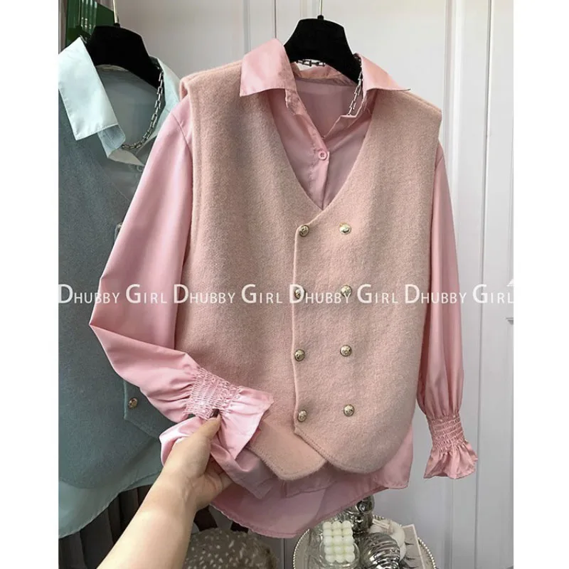 Sweet Pink Two-piece Shirt Women Fall Vintage Cute Preppy Women's Loose Double-breasted Vest Top