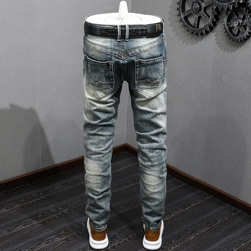 Fashion Designer Men Jeans Retro Washed Blue Stretch Slim Fit Ripped Jeans Men Embroidery Patched Vintage Denim Pants Hombre