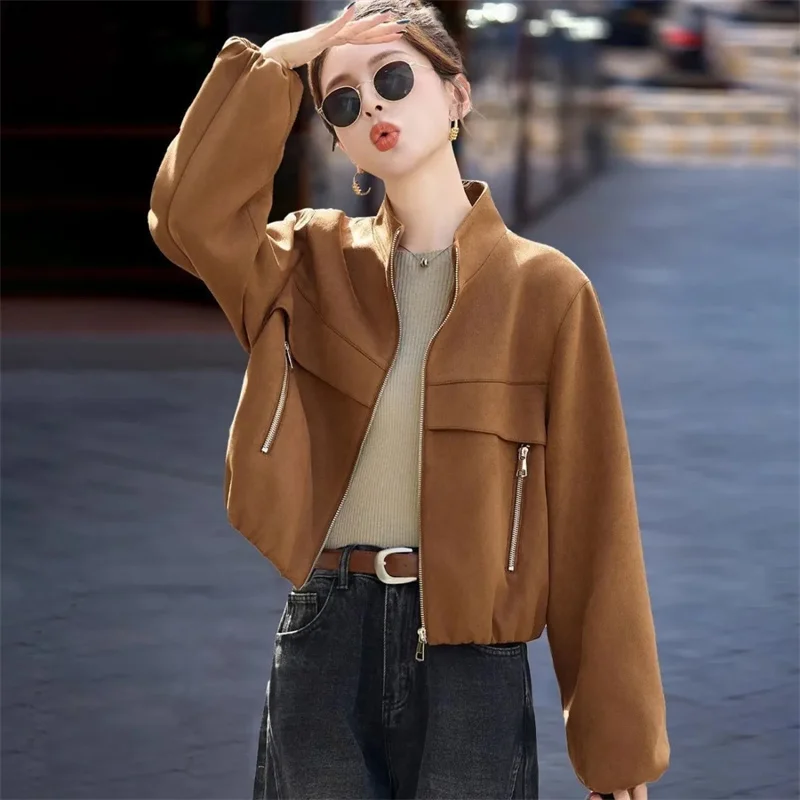 

Женская свободная повседневная универсальная моторная куртка с коротким рукавом и воротником-стойкой, модная весна-осень 2026, новая короткая стильная верхняя одежда