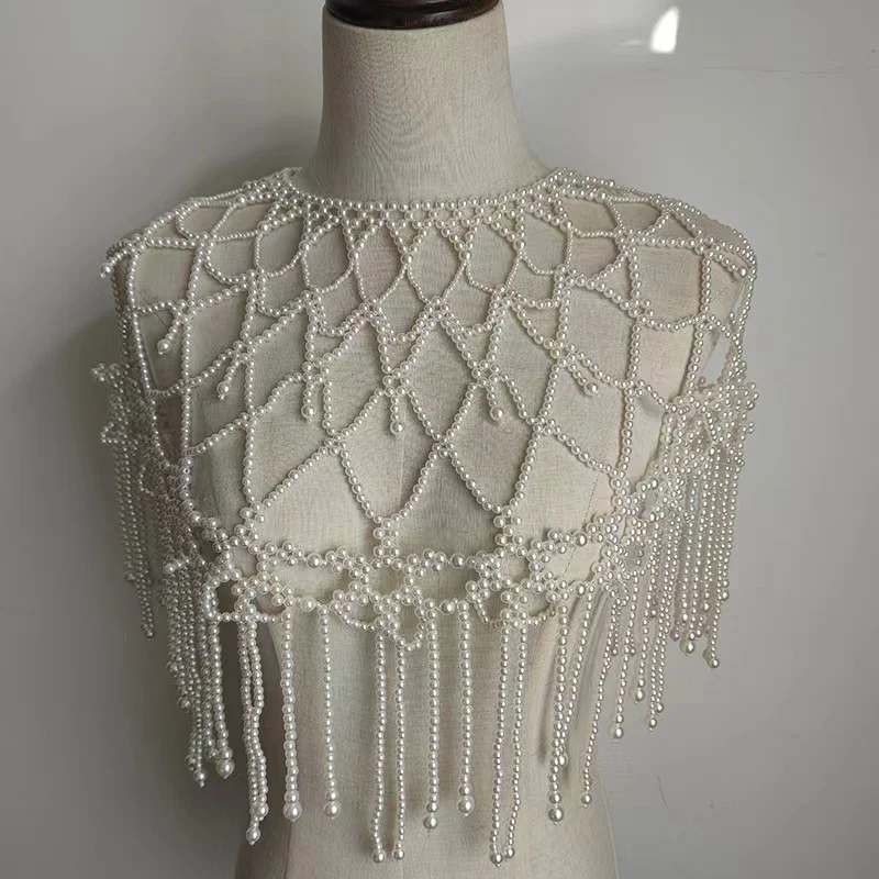 

Luxury Hand-woven Pearl shawl Shoulder Chain Jewelry Women Show Dress Pearl Body Chain Bridal Wedding Necklace Pearl Shawl Jewel