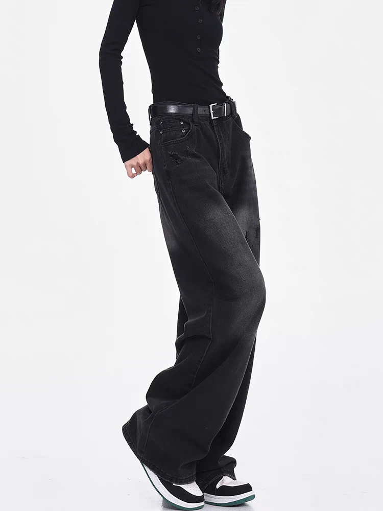 Jeans neri a gamba larga stile street da donna estivo Abito quotidiano Pantaloni vintage Pantaloni da ragazza cool Pantaloni larghi a vita alta femminili