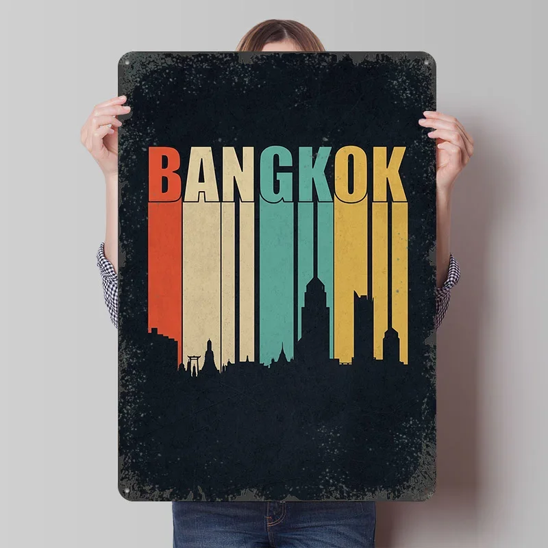 Bangkok Skyline Retro Metal Poster Customized Wall Art Retro Vintage Tinplate Signs for Decoration At Home Decorations Man Cave