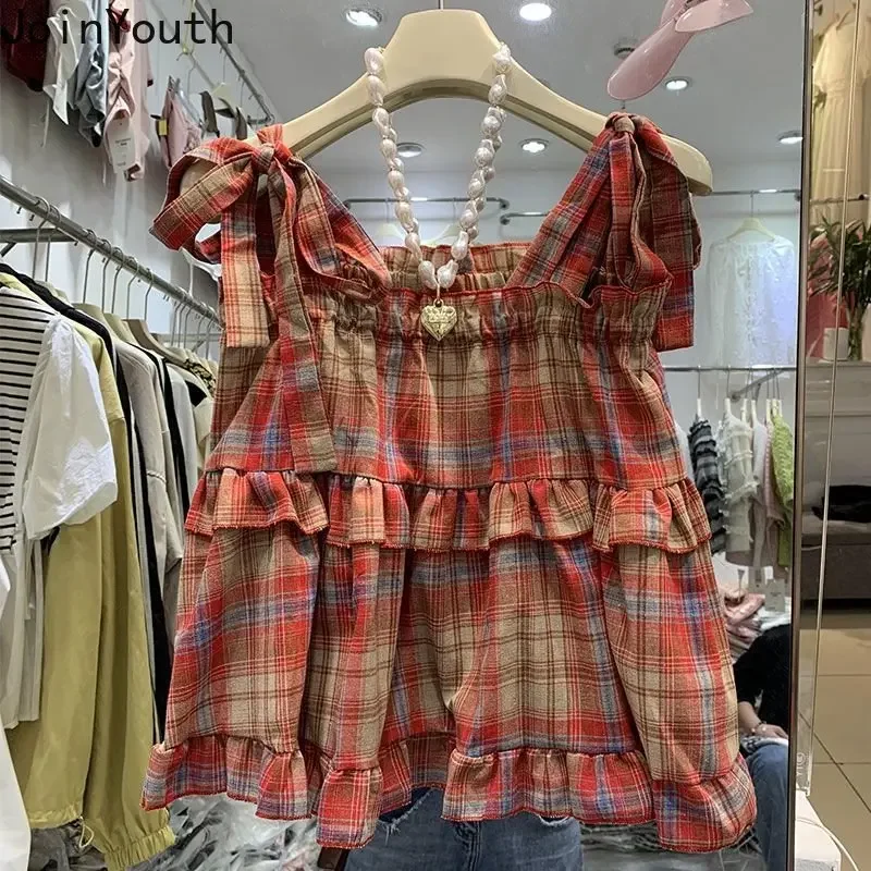 Blouse for Women 2024 Fashion Ruffles Blusas De Mujer Square Collar Sleeveless Plaid Shirts Bandage Folds Summer Blouses Tops