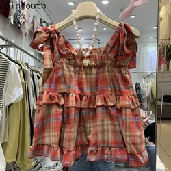 Blouse for Women 2024 Fashion Ruffles Blusas De Mujer Square Collar Sleeveless Plaid Shirts Bandage Folds Summer Blouses Tops