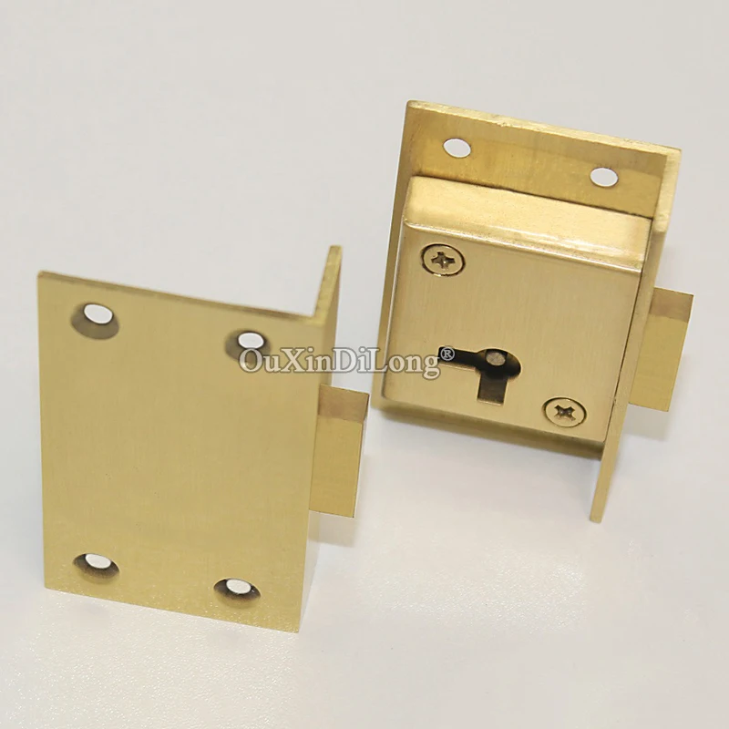 2PCS Brass Drawer Cabinet Locks European Cupboard Locker File Cabinet Lock Hidden Wood Case Box Lock Recessed Furniture Lock+Key