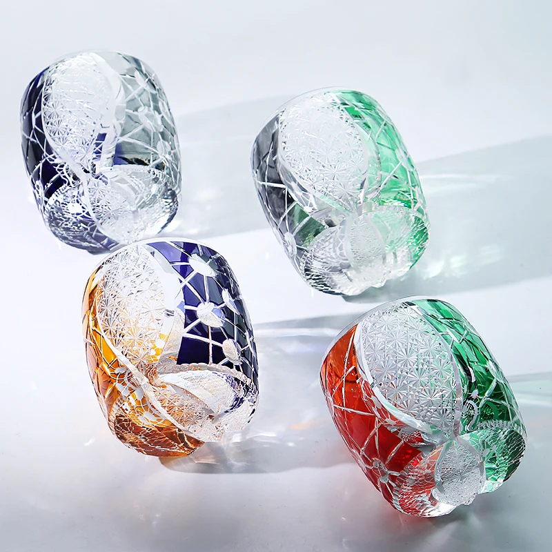 7.7 oz 9.5 oz Heavy Edo Kiriko Tyle Whiskey Tumbler Colored Crystal Glass Rocks Old Fashioned Tumbler With Hand Cut Design