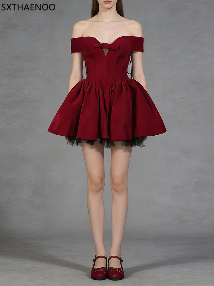 

SXTHAENOO Red Spliced Bowknot Elegant Velvet Dresses Women Slash Neck Off Shoulder Tunic Patchwork Folds Dress Female New 2025