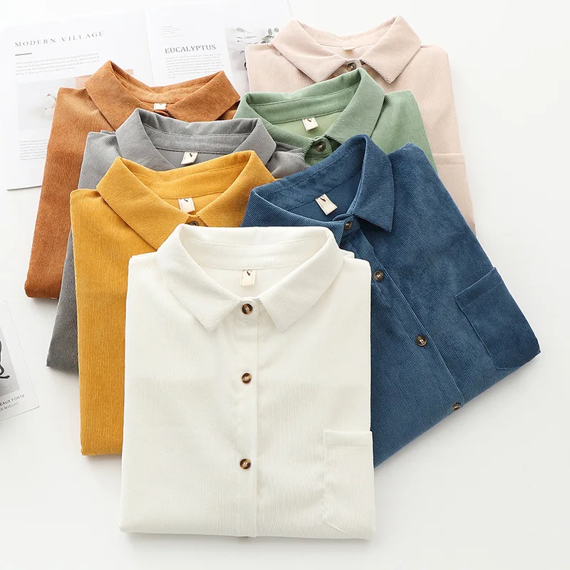 Simple Casual Corduroy Shirts Women 2024 New Fresh Lady Solid Color Loose Blouses and Tops Ladies Long Sleeve Shirt Clothing