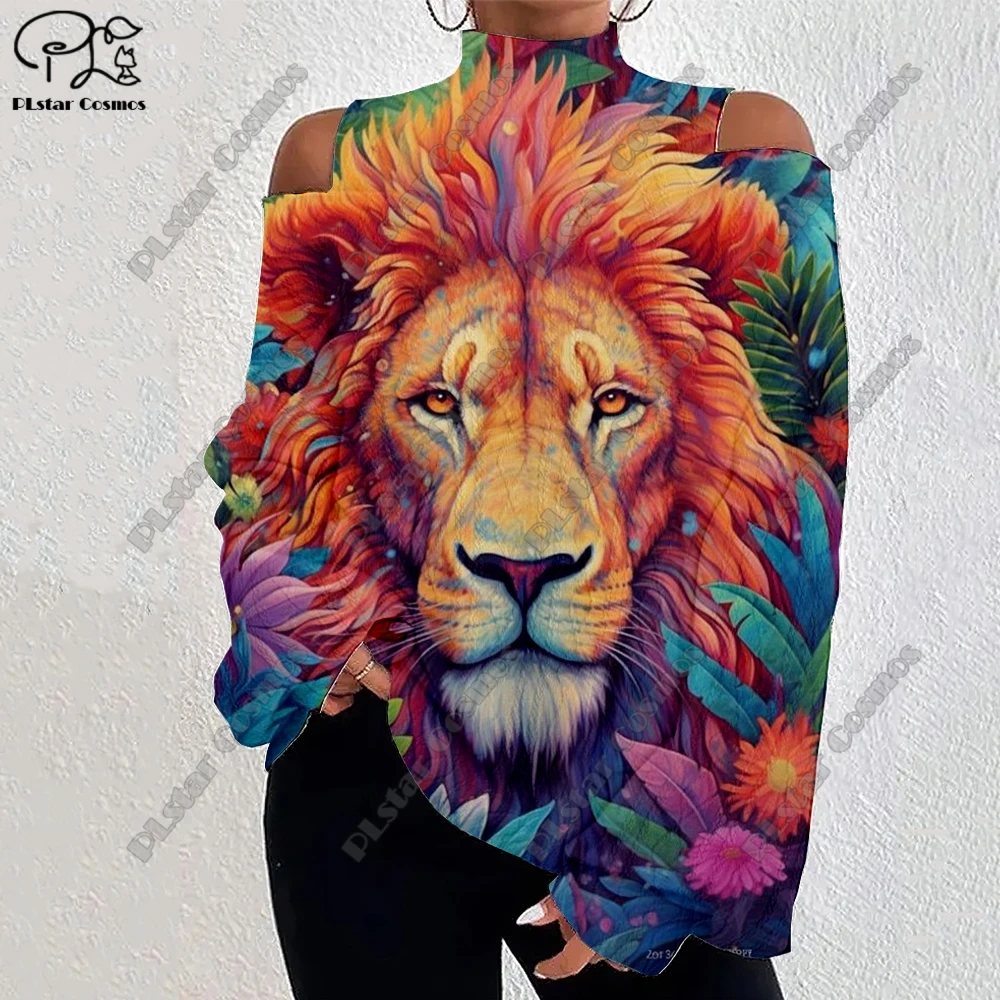 

3D Printing Animal Series Lion Pattern Women's Lantern Sleeve Off-Shoulder Textured Casual Long Sleeve Daily