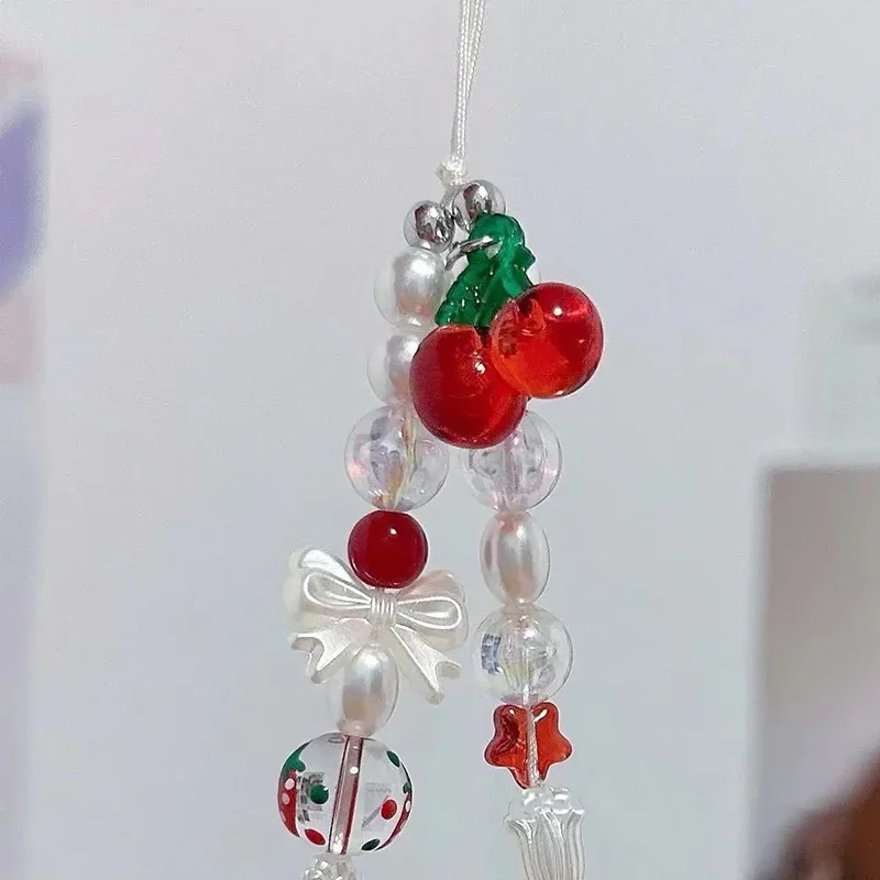 Coreano bonito vermelho cereja arco pérola telefone corrente cordão charme cinta de pulso cordão pendurado pulseira chaveiro para telefone celular