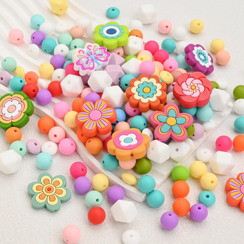11Pcs Silicone Beads Baby Teether Flower Round Beads Baby Teething Chewing Toys Diy Pacifier Chain Jewelry Accessories Bpa Free