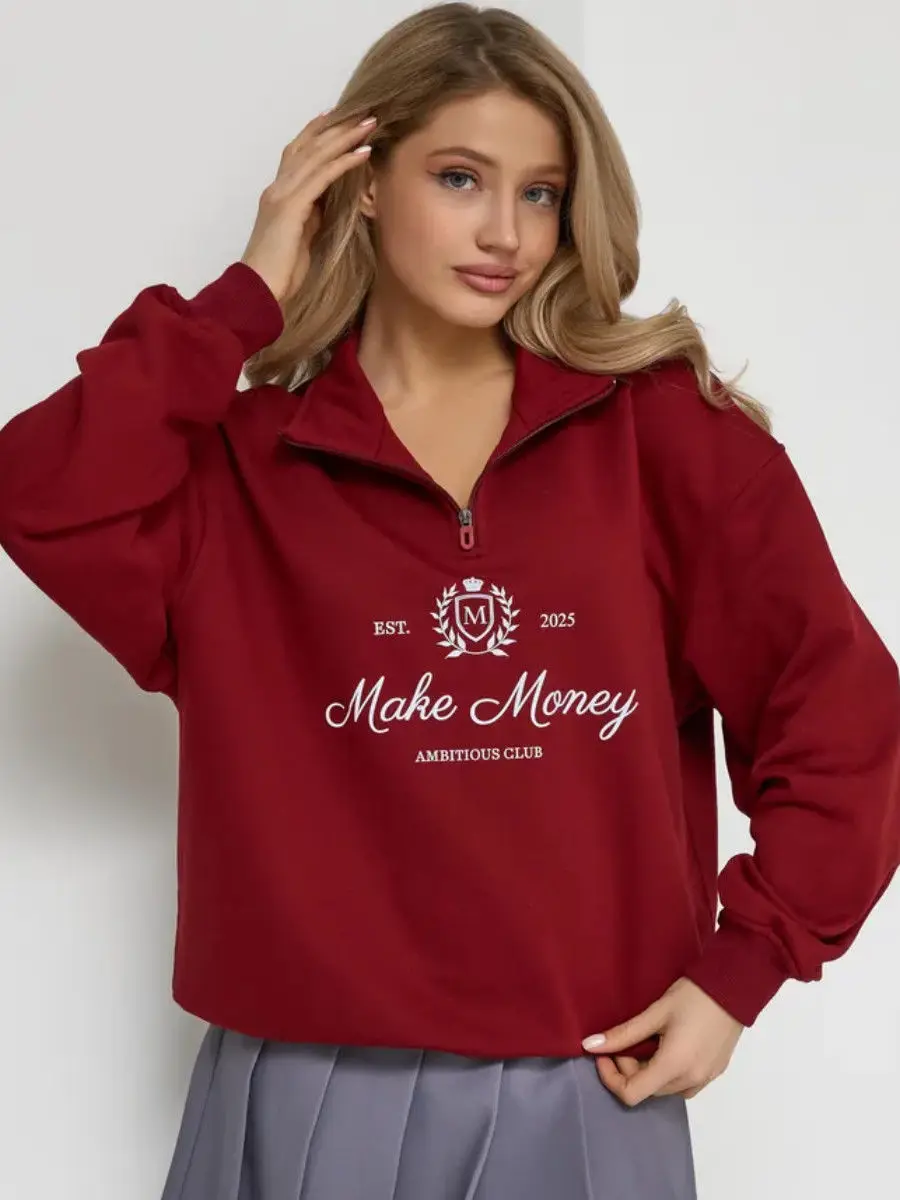 Felpa con colletto rovesciato con zip maglione bianco con grafica distintivo retrò americano Felpa ampia di grandi dimensioni autunno alla moda College Lady Hip Hop