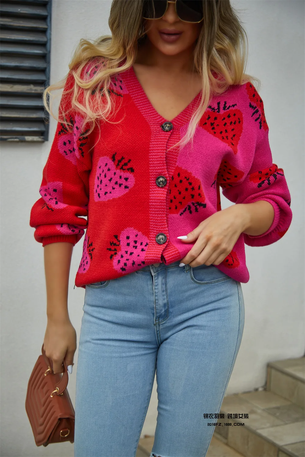 2024 Autumn/Winter New European and American Cross border Sweater V-neck Button Cardigan Strawberry Coat Sweater Female