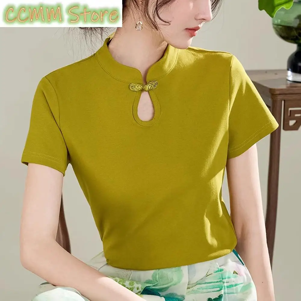 تي شيرت أحمر صيني بإبزيم من القطن الخالص بأكمام قصيرة للنساء صيفي جديد غير رسمي مقاس كبير بلوزة كلاسيكية متخصصة